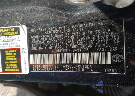 2015 Toyota Camry Se from USA, damaged, VIN 4T1BF1FK7FU494876